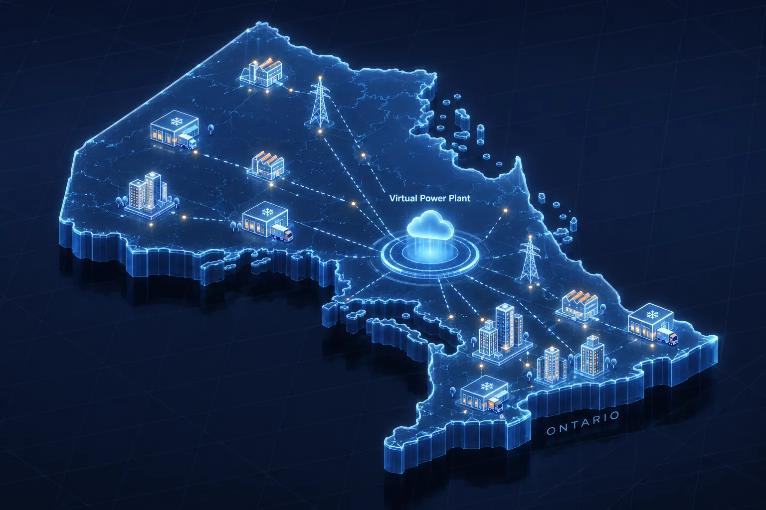 Map of Ontario showing commercial and industrial facilities connected to a central virtual power plant